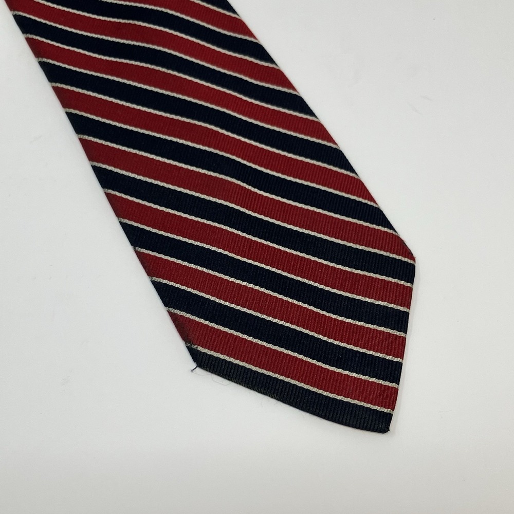 Vintage Justin Ltd Mens Necktie Repp Stripe Silk Red Navy Blue White